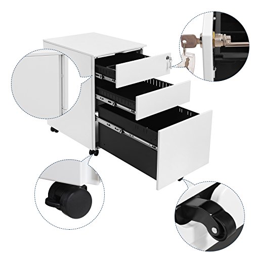 SONGMICS Mueble Archivador Metal con Cerradura Cómoda, Cajonera con Ruedas, 3 Cajones, para Oficina, 52 x 39 x 60 cm, Cuerpo del Armario Premontado, Blanco OFC60WT