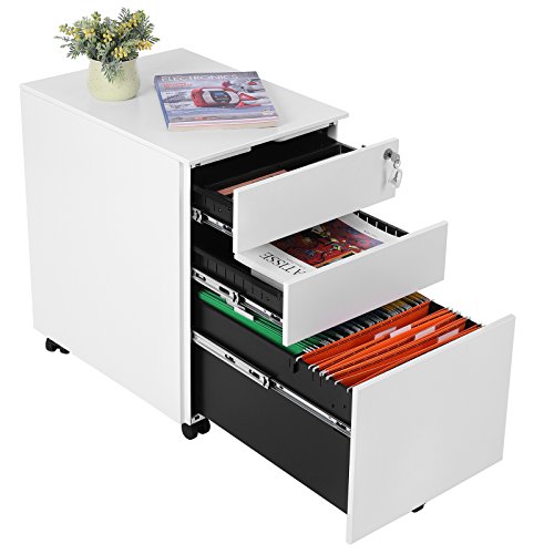 SONGMICS Mueble Archivador Metal con Cerradura Cómoda, Cajonera con Ruedas, 3 Cajones, para Oficina, 52 x 39 x 60 cm, Cuerpo del Armario Premontado, Blanco OFC60WT