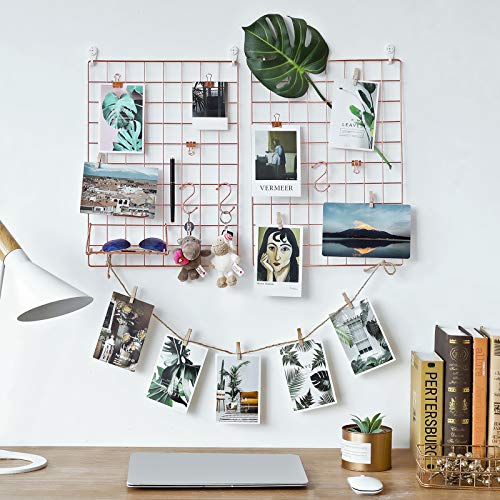 SONGMICS Paneles de Rejilla, Pared de Muestra de Fotos, Decoración Mural de Malla Metálica, Bricolaje, Colgante de Pared, Gancho en S, Clip, Cordón de Cáñamo, Juego de 2, Rosa Dorado LPP01DR