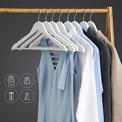 SONGMICS Perchas de Madera de Arce, Set de 10, sin Astillas, con Barra de Pantalones y Muescas Antideslizantes, 44,5 cm, Gancho Giratorio a 360°, Color Blanco CRW03W10