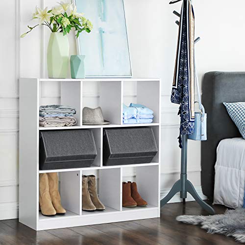 SONGMICS Set de 2 Cajas de Almacenaje con Aros Metálicos y Imánes Cubos de Tela Organizador Plegable con Tapa 38 x 35 x 25 cm Gris y Beige RYLB02G