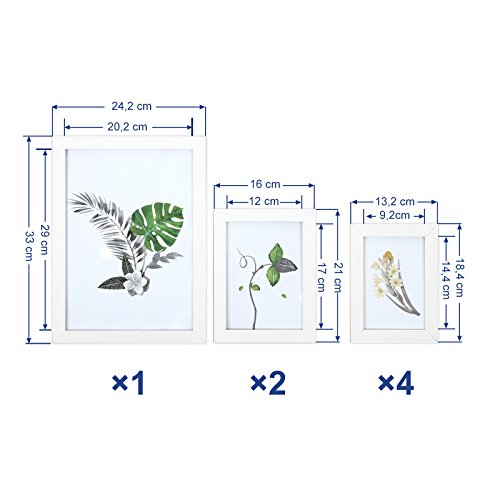 SONGMICS Set de 7 Marcos de Fotos con Vidrio, Portafotos de Madera, Uno 21 x 29,7 cm, Dos 13 x 18 cm, Cuatro 13 x 15 cm, Blanco RPF31WT