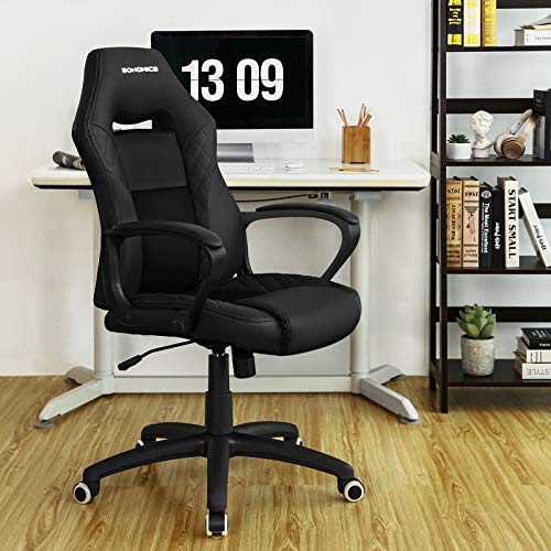 SONGMICS Silla Racing, Silla de Oficina con Mecanismo de Inclinación, Silla de Juegos, Respaldo en Forma de S, Apto para Columna Lumbar, Carga de 150 kg, Cuero Sintético, Negro OBG38BK