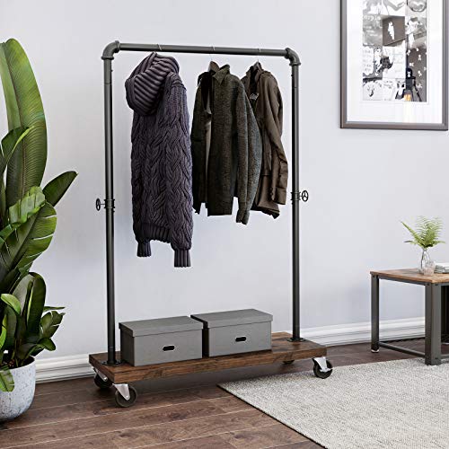 SONGMICS Soporte de Tender Ropa de Alta Resistencia, Capacidad de Carga 90 kg, Rodante, Tubos Industriales con Estante, Ruedas Bloqueables, para Lavandería, Tienda Minorista, Negro HSR65BX