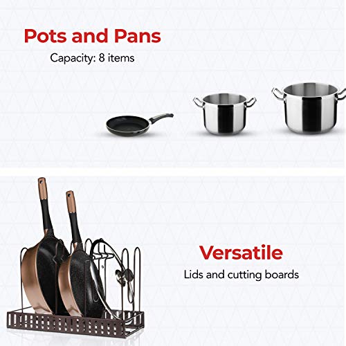 Soporte ajustable de ollas y sartenes | Capacidad para 8 ollas y sartenes | Organizador de cocina y alacena | Almacenamiento de tapas y cacerolas | Estante para varios tipos de ollas, sartenes y tapas
