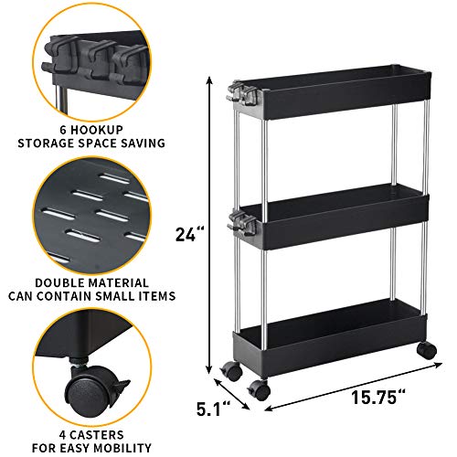 SPACEKEEPER Carro de Almacenamiento de 3 Niveles, Delgado, móvil, Organizador de estantes, deslizable, rodante, utilitario, Estante de Cocina, baño, lavandería, Oficina, Lugares Estrechos,Negro