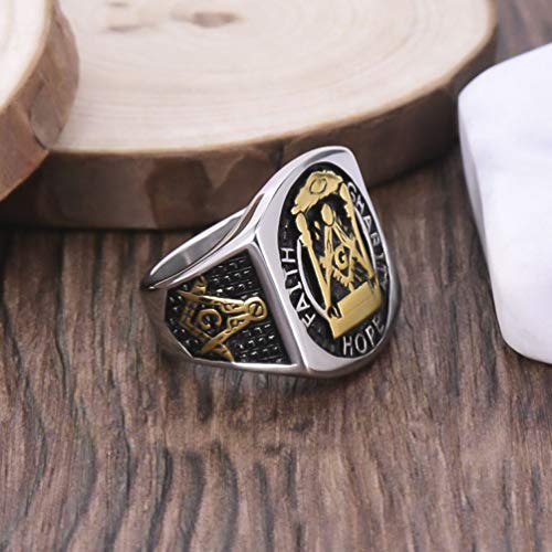 Sping Jewelry Anillo de Acero de Titanio masónico para Hombre, Cuadrado, G & pilares y Todo lo Que ve la fe del Ojo, la Esperanza de la Caridad, Freemason Master Mason Signet