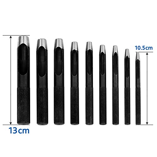 S&R Sacabocados Punzones para Cuero. Juego 9 Sacabocados de golpe perforadores redondos en acero de alta calidad de 3 mm a 14 mm