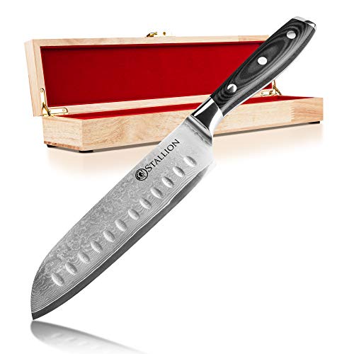 Stallion Cuchillo de Damasco Wave - Cuchillo Santoku 17,5 cm de Acero damasceno en una Elegante Caja de Regalo