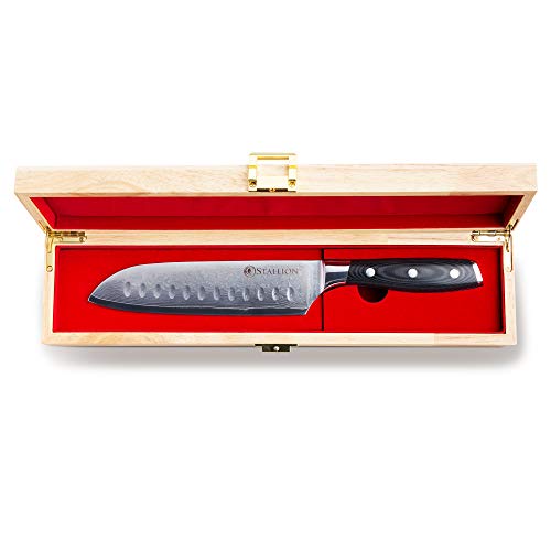 Stallion Cuchillo de Damasco Wave - Cuchillo Santoku 17,5 cm de Acero damasceno en una Elegante Caja de Regalo