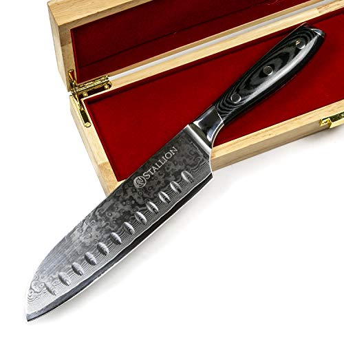 Stallion Cuchillo de Damasco Wave - Cuchillo Santoku 17,5 cm de Acero damasceno en una Elegante Caja de Regalo