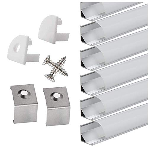 StarlandLed Perfil de Aluminio, 6x100cm Perfil de Aluminio LED para Luces de Tira del LED con Cubierta Blanca Lechosa, Los Casquillos de Extremo y los Clips de Montaje del Metal-Plata …