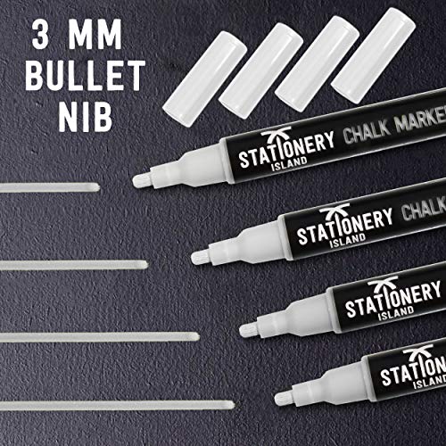 Stationery Island D30 - Rotuladores de Tiza Líquida, Borrado en Seco, Punta Fina Redonda 3mm, paquete de 4 Blancos