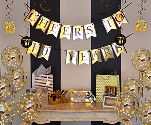Sterling James Co. Decoraciones de Fiesta de 10 años y Kit de Aniversario – Pancarta Cheers to 10 Years, Globos, serpentinas y Suministros para la Fiesta Confeti.