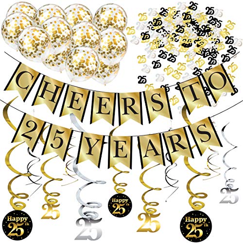 Sterling James Co. Decoraciones de Fiesta de 25 años y Kit de Aniversario – Pancarta Cheers to 25 Years, Globos, serpentinas y Suministros para la Fiesta Confeti.
