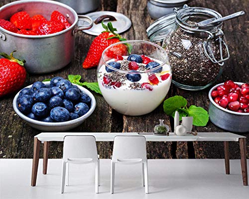Sucsaistat Yogur, Fresa, Arándanos, Tablones De Madera, Alimentos, Papel Tapiz, Mural Para La Cocina, Restaurante, Cafetería, Bar,400 * 280Cm