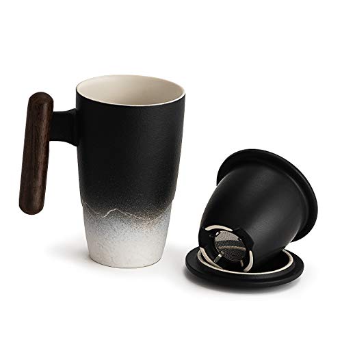 SULIVES Taza de Te Porcelana Mug Infusión con Filtro y Tapa Mango de madera 400ml (negro)