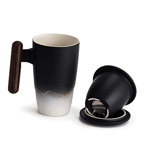 SULIVES Taza de Te Porcelana Mug Infusión con Filtro y Tapa Mango de madera 400ml (negro)