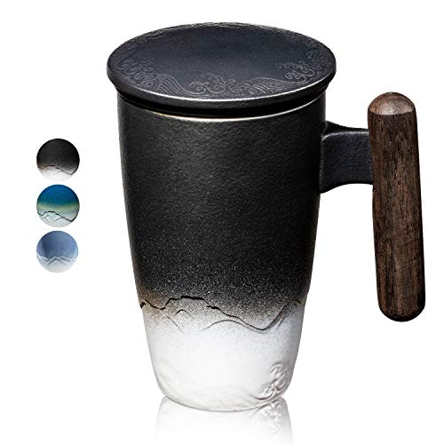 SULIVES Taza de Te Porcelana Mug Infusión con Filtro y Tapa Mango de madera 400ml (negro)