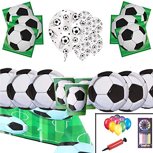 Suministros de Paquete de Fiesta de fútbol Decoraciones de fútbol de vajilla de cumpleaños de niños para 16 Invitados - Globos de Placas de Fiesta de fútbol - Bombas de Globos Gratis Velas