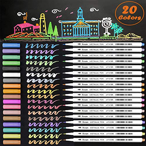 SUNSHINETEK Rotuladores metálicos 20 Plumas de pintura con brillo de colores surtidos para dibujo de álbum de fotos/Creación de álbumes de bricolaje/Fabricación de tarjetas (punta de pincel)