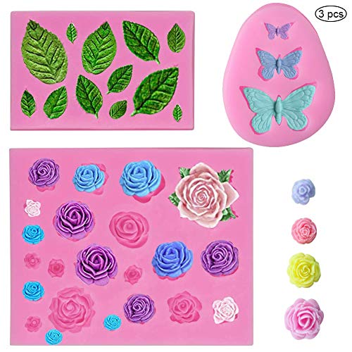 SUNSK Moldes de Pastel de Silicona Fondant 3D Molde de Flores Hojas Mariposas Molde Decoración de Tartas Herramientas para Hacer Bricolaje Dulces Chocolate Jabón Moldes 3 Piezas