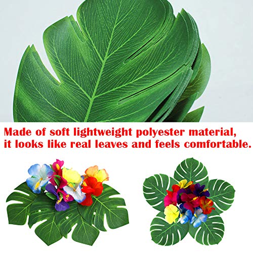 SunTop 60 Piezas Decoraciones para Fiestas Tropicales Hojas de Palmeras Tropicales Monstera y Flores de Hibisco