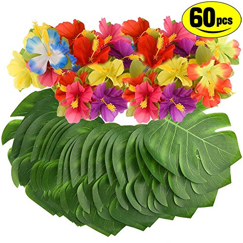 SunTop 60 Piezas Decoraciones para Fiestas Tropicales Hojas de Palmeras Tropicales Monstera y Flores de Hibisco