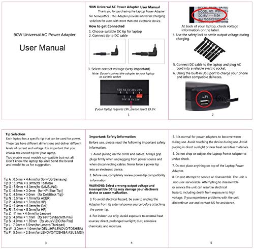 Sunydeal Computadora portátil Cargador Universal Fuente de alimentación Adaptador Cable ordenador 15V 16V 18.5V 19V 19.5V 20V 24V para Acer ASUS Sony Toshiba HP Dell LG Lenovo IBM Fujitsu Packard Bell