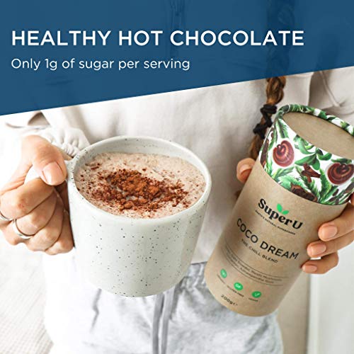 Super U Coco Dream (25 porciones) – Cacao caliente con seta Reishi, extracto orgánico de cacao crudo y setas Reishi para relajación y sueño.