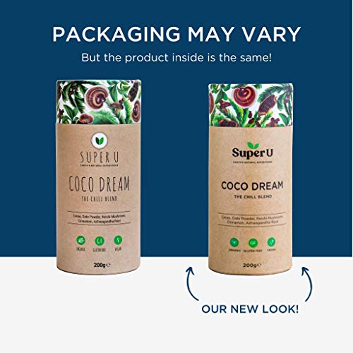 Super U Coco Dream (25 porciones) – Cacao caliente con seta Reishi, extracto orgánico de cacao crudo y setas Reishi para relajación y sueño.