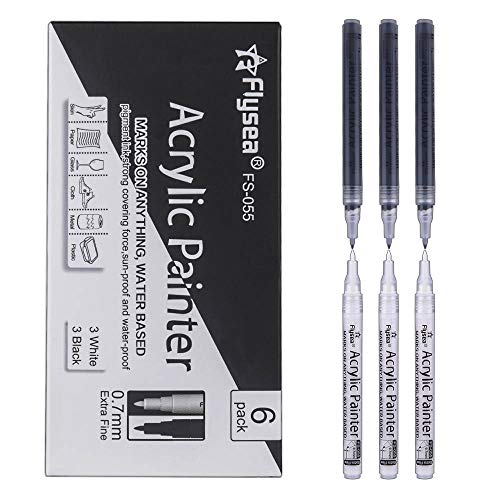 SUPERSUN 6 Rotuladores de Pintura Acrílicos Punta Fina, 0.7mm Negro y Blanca Marcadores de Pintura Acrílicos para Telas, Roca, Diseño de Taza, Cerámica, Cristal, Metal, Madera