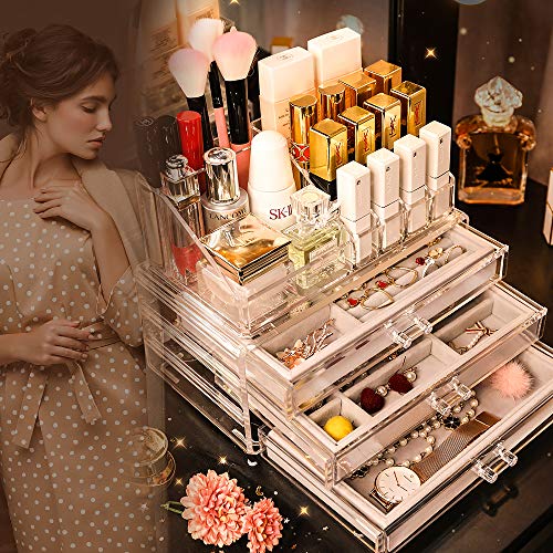 SWAWIS Cosméticos Joyería Organizador de 3 Cajones + Caja de Pintalabios Organizador de Maquillaje Acríplico para Aretes, Brazaletes y Collares
