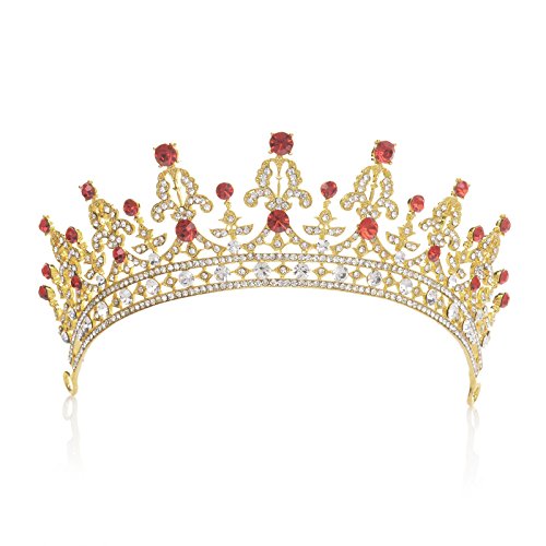 SWEETV Vendimia Real Boda Fiesta Prom Tiara Diadema Corona CZ Cristal Nupcial Tocado, Dorado+Rojo Rubí