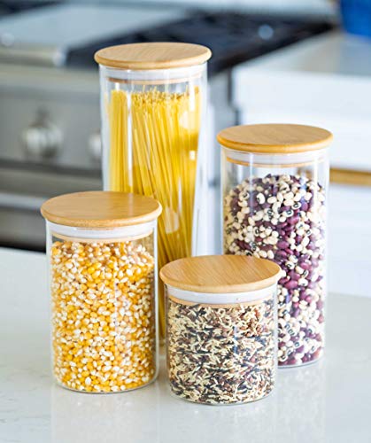 Sweetzer & Orange Tarros de Vidrio - Juego 4 Botes de Comida con Tapa Hermética de Bambú - Café, Avena, Cereales, Pasta, Arroz - Contenedor Transparente - Almacenamiento para Despensa y Cocina