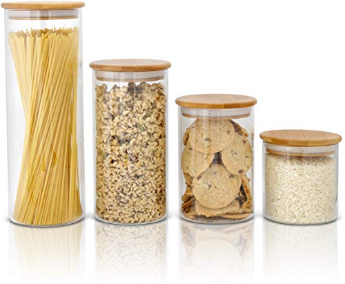 Sweetzer & Orange Tarros de Vidrio - Juego 4 Botes de Comida con Tapa Hermética de Bambú - Café, Avena, Cereales, Pasta, Arroz - Contenedor Transparente - Almacenamiento para Despensa y Cocina