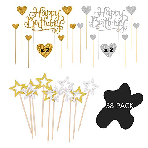 Sweieoni 38 Piezas Decoración para Tartas de Cumpleaños, Happy Birthday Cake Topper, para Cumpleaños, Decoración de la Torta del Banquete de Boda, Amor Corazón y Pentagrama (Oro y plata)