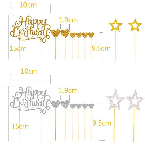 Sweieoni 38 Piezas Decoración para Tartas de Cumpleaños, Happy Birthday Cake Topper, para Cumpleaños, Decoración de la Torta del Banquete de Boda, Amor Corazón y Pentagrama (Oro y plata)