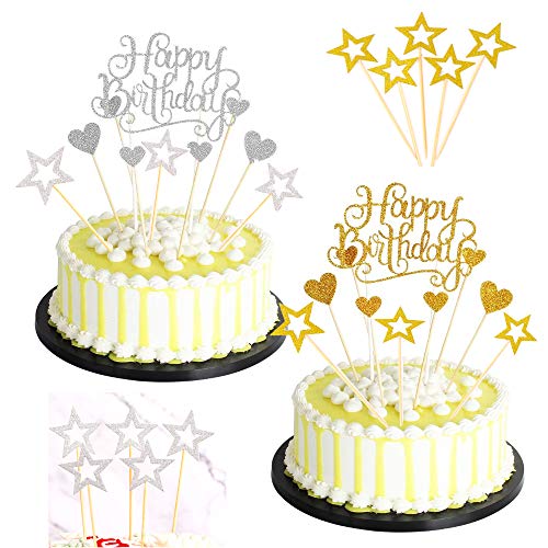 Sweieoni 38 Piezas Decoración para Tartas de Cumpleaños, Happy Birthday Cake Topper, para Cumpleaños, Decoración de la Torta del Banquete de Boda, Amor Corazón y Pentagrama (Oro y plata)