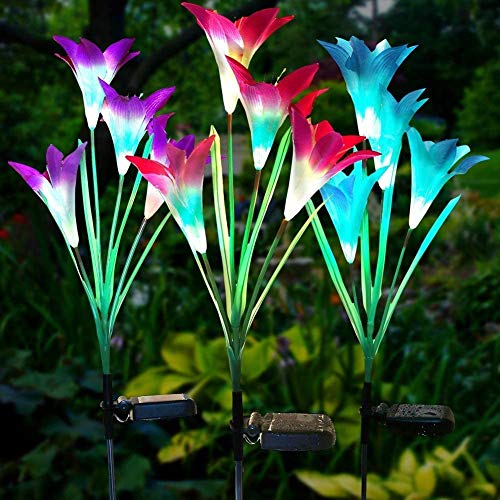 swonuk Lampara Solar Flores,Juego de 3 Luces Solares con 12 Flores de Lirio Luces Exterior Lampara Energía Solar para Jardín, Patio, Césped Decoración