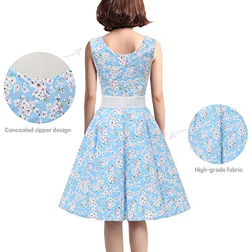 SXSHUN Vestido Retro Años 50 para Mujeres Vestido Vintage Rockabilly Polka Vestido Años 60 sin Mangas Cuello Redondo, Azul/Sakura, L