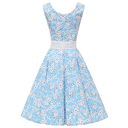 SXSHUN Vestido Retro Años 50 para Mujeres Vestido Vintage Rockabilly Polka Vestido Años 60 sin Mangas Cuello Redondo, Azul/Sakura, L