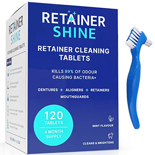 Tabletas de limpieza retenedoras - 120 tabletas y cepillo de limpieza 2 en 1 - Suministro de 4 meses para dentaduras, protectores bucales, retenedores, alineadores transparentes - Retainer Shine