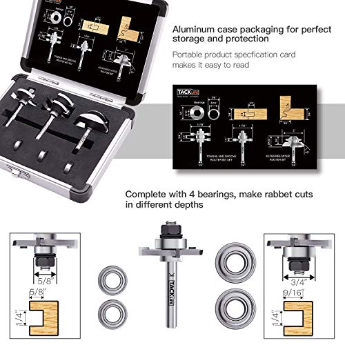 TACKLIFE Broca de Fresadora, Profesionales, 3 Pcs, Vástago de 8 mm, Espiga y Mortaja con 3 Tipos de Rodamientos, más Duros, Paquete de Aleación de Aluminio, para Madera, Muebles de Bricolaje - RB31C