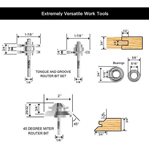 TACKLIFE Broca de Fresadora, Profesionales, 3 Pcs, Vástago de 8 mm, Espiga y Mortaja con 3 Tipos de Rodamientos, más Duros, Paquete de Aleación de Aluminio, para Madera, Muebles de Bricolaje - RB31C