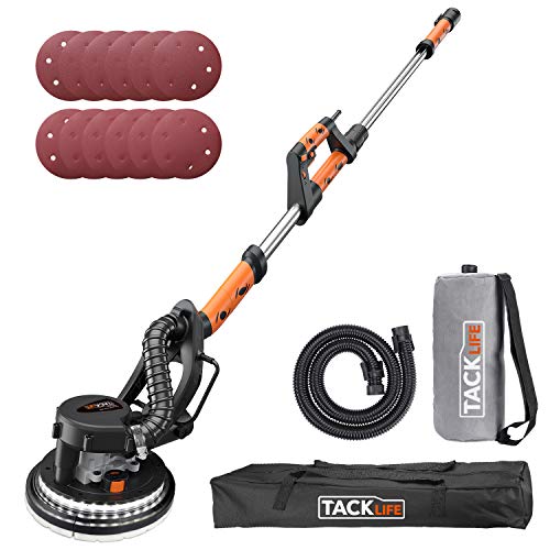 TACKLIFE Lijadora de Pared, 800W Máquina Lijadora de Techo con 2M Manguera para Aspiradora, LED 4,5M Cable de Alimentación, 12PCS Papel de Lija, Mango Telescópico 160-190CM