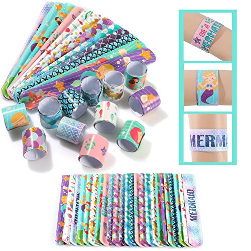 Tacobear 48 Piezas Sirena Slap Pulseras Niña Sirena Slap Bracelet Slap Bands Snap Pulsera Bofetada Juguetes Sirena Artículos de Fiesta Cumpleaños para Niños Niñas