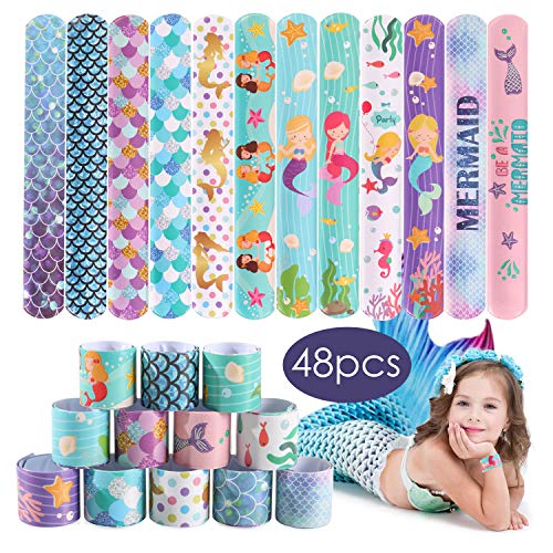 Tacobear 48 Piezas Sirena Slap Pulseras Niña Sirena Slap Bracelet Slap Bands Snap Pulsera Bofetada Juguetes Sirena Artículos de Fiesta Cumpleaños para Niños Niñas