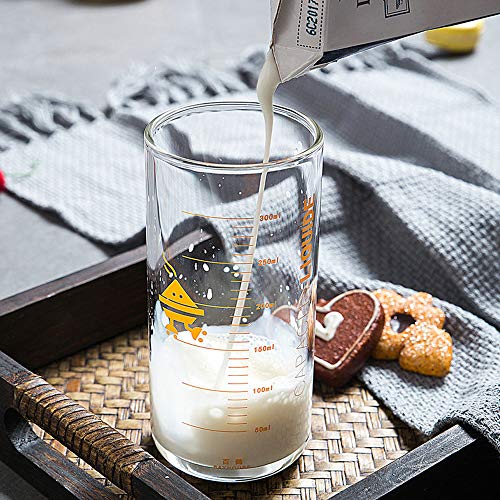 TAMUME 330ML Vaso y Taza de Cristal para Leche con Medidas,Vaso con Medidas y Tapa Amarilla de Silicona - Amarilla