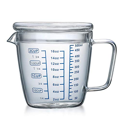 TAMUME 500ml Vasos y Jarra Medidora de Vidrio Microonda Taza de Medir con Tapa (500ML)